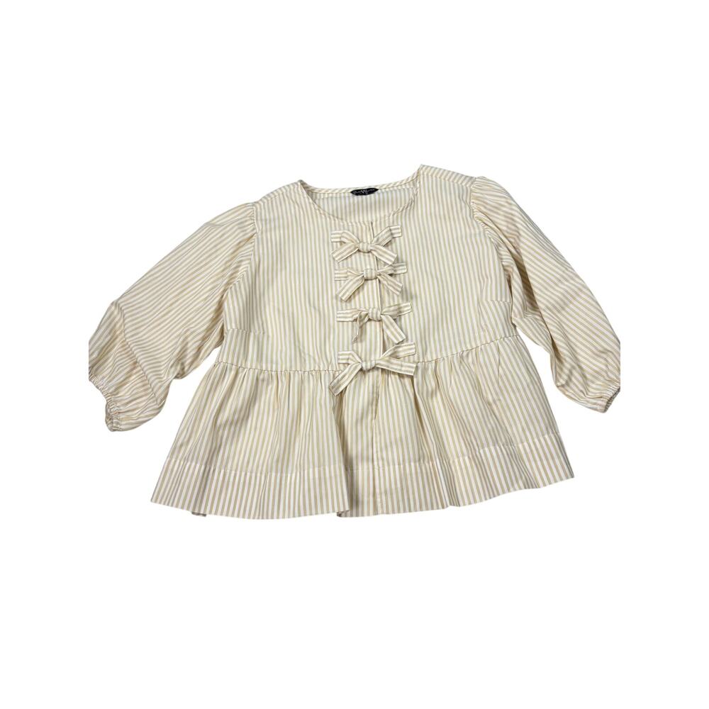 Velvet Heart womens beige white stripe blouse. Size L. bow front, peplum. office